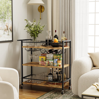 Wooden Bar Cart with Wine Rack and Glass Holder 34.8" x 14" x 34" Modern 3-Tier Kitchen Serving Cart for Home Outdoor Rolling Bar Carts for the Home, Living Room