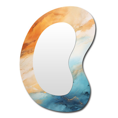 Starki Blue and orange Mirage of the Desert I - Tachisme Unique Shape Wall Mirror, Modern Asymmetrical Decorative Mirror, Printed Metal Art