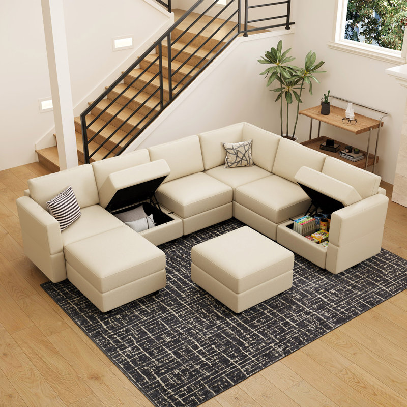 Colusa Faux Leather 7 Seats  U Shaped Free Combination Memory Foam Modular Sofa Storage Sectional Couch With A Movable Ottoman for living room