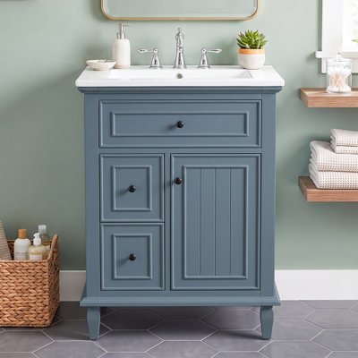 Meuble-lavabo autoportant 24 po en bois massif + panneau de fibres à densité moyenne avec lavabo intégré en céramique, meuble de salle de bain gris-bleu avec charnières et glissières à fermeture en douceur, tablette réglable, tiroir et poignées rabattables