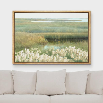 «Rustic Countryside Tranquil Marshland», pastel vert doux, roseaux, paysage, très grande impression sur toile, art mural