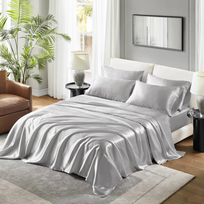 Grey 4 Pcs Twin 100% Satin Luxury Sheet - Wrinkle , Smooth And Silky, Tames Frizz, Fitted For 16" Mattresses, Open Ended Pillowcases, Helps With Hair Breakage,