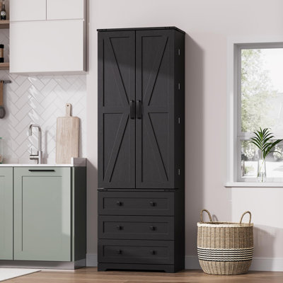72'' Tall Kitchen Pantry Cabinet, Freestanding Tall Cupboard Storage Cabinet with 3 Drawers, Adjustable Shelves, Large Farmhouse Pantries for Living Room, Kitchen, Black