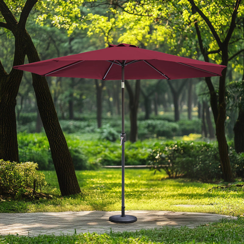 2.7M Round Patio Crank Tilt Umbrella Outdoor Garden Parasol with Base, Wine Red