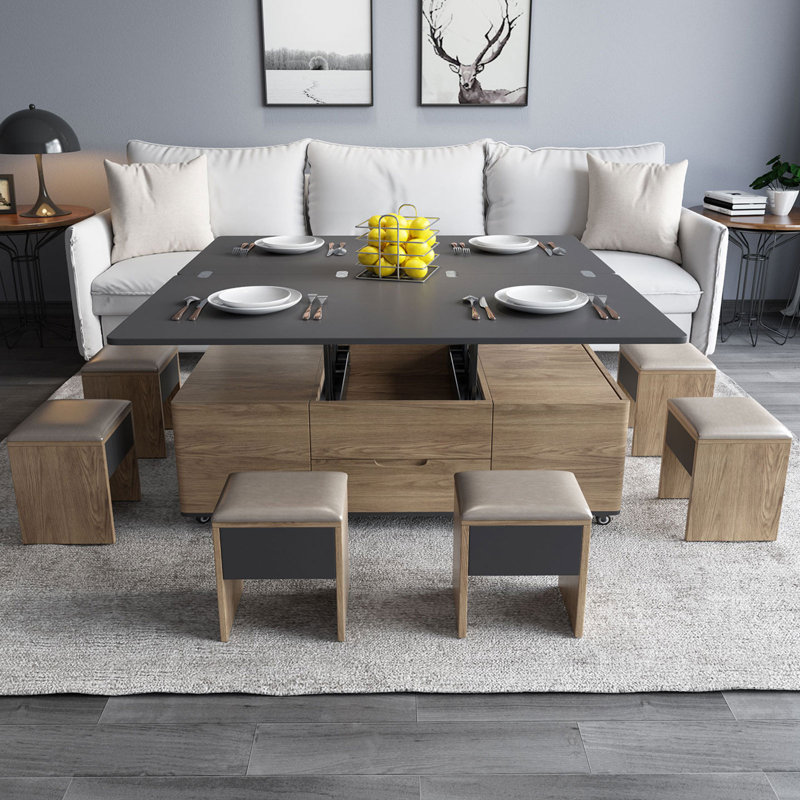 Lift-Top Coffee Table With 4 Stools,3-In-1 Multifunctional Center Table