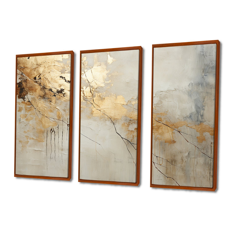 «Beige and Gold Marble Lightning VI», ensemble d'art mural formes abstraites, H 32 po x l 48 po x P 1 po, Cadre flottant brun