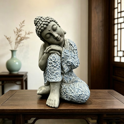 Serene Sleeping Buddha Statue, 16.34" Tall Resin Meditating Buddha Figurine, Weatherproof Zen Decor for Patio, Backyard & Home Meditation Space