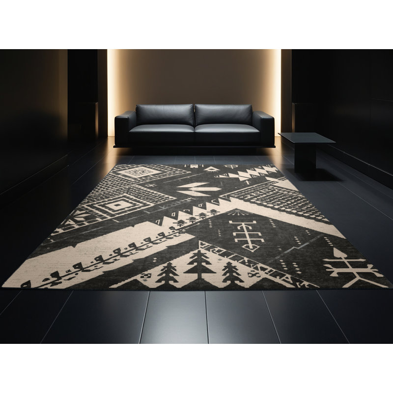 Tapis géométrique noir lavable à la machine Paizlea, 6 X 9