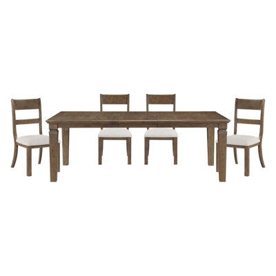 Ensemble de salle à manger extensible contemporain 5 pièces avec placage de bouleau durable et chaises en tissu texturé, parfait pour les espaces repas polyvalents.