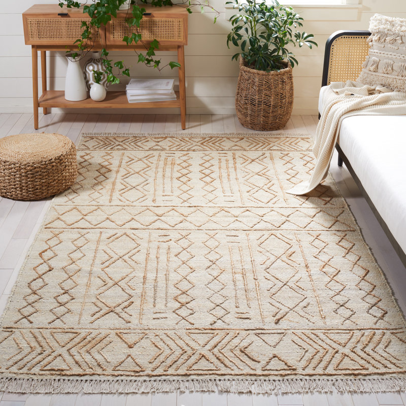 Tapis en jute / coton tissé à la main de couleur naturelle Karlena, Rectangle 8 pi x 10 pi