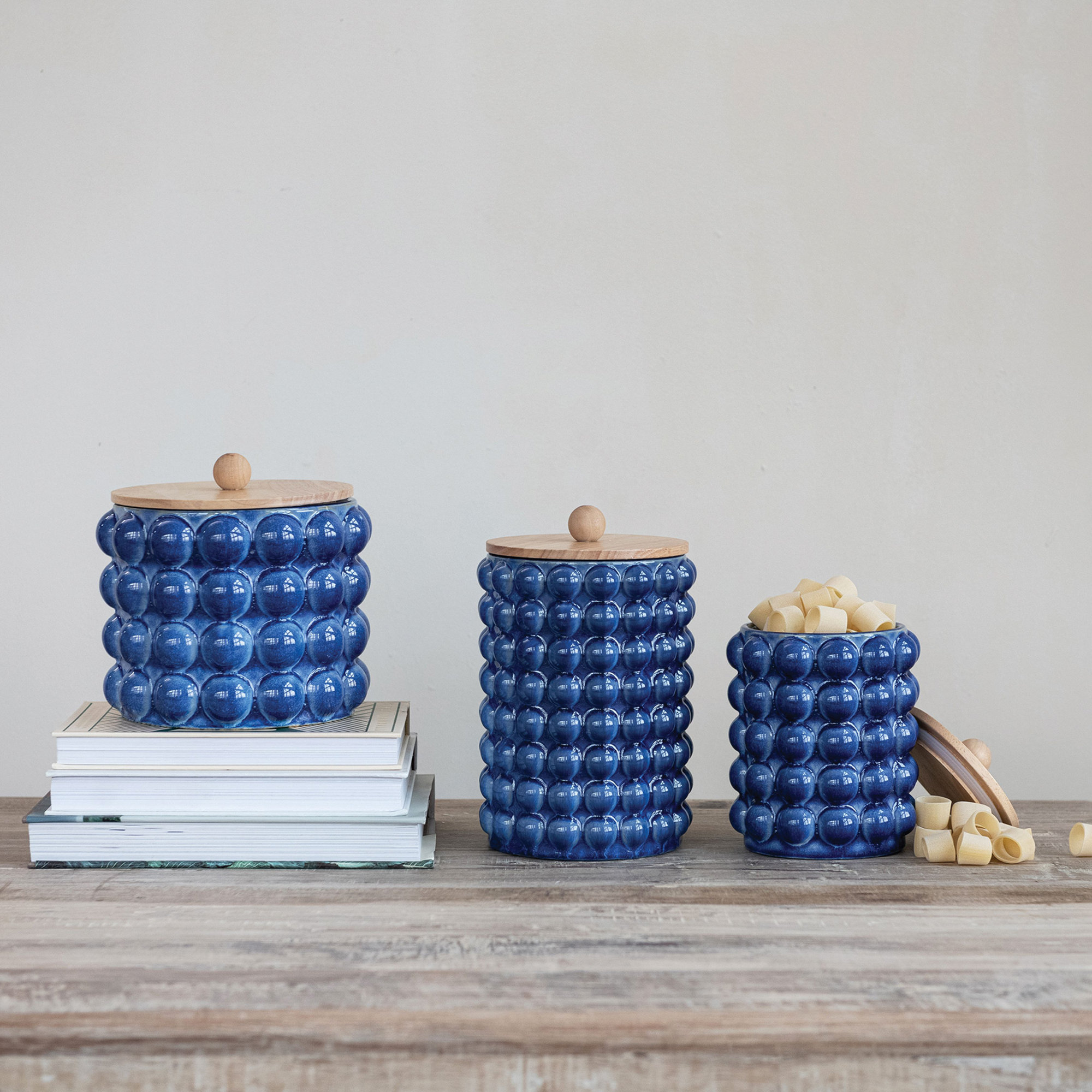Zeppelin Stoneware Raised Kitchen Canister, Navy/Natural, 8.25" H x 8.25" W x 8.25" D