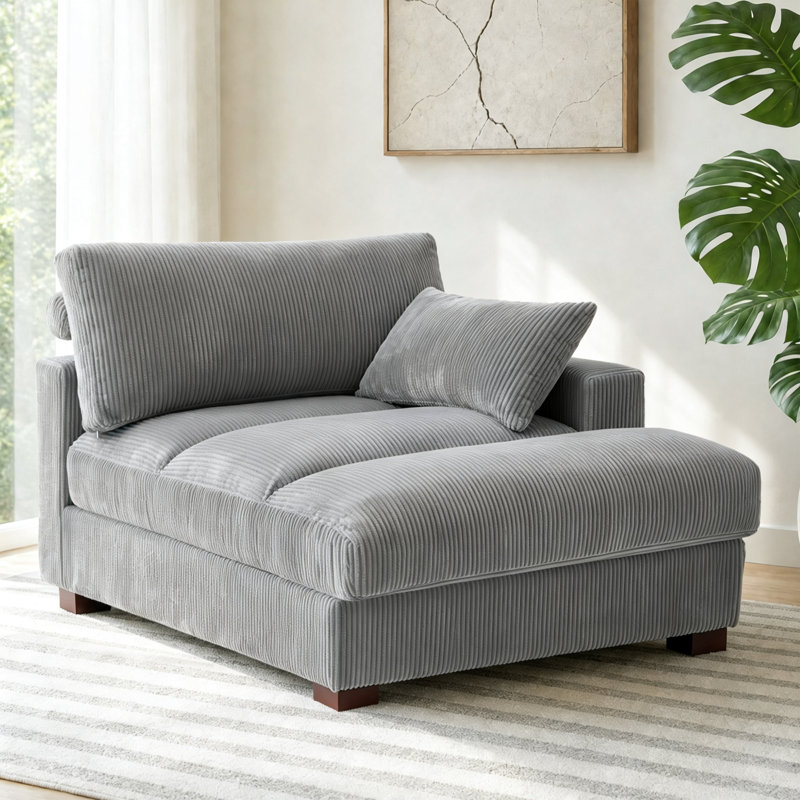 Chaise longue surdimensionnée en velours côtelé gris clair avec accoudoirs et coussins décoratifs Bentura, Orienté à droite