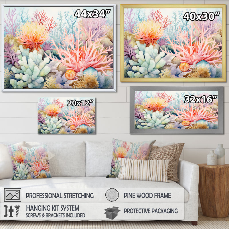 «Colorful Coral Reef Heaven II - Coastal Coral Under Water», reproduction d'art sur toile encadrée, Cadre flottant doré