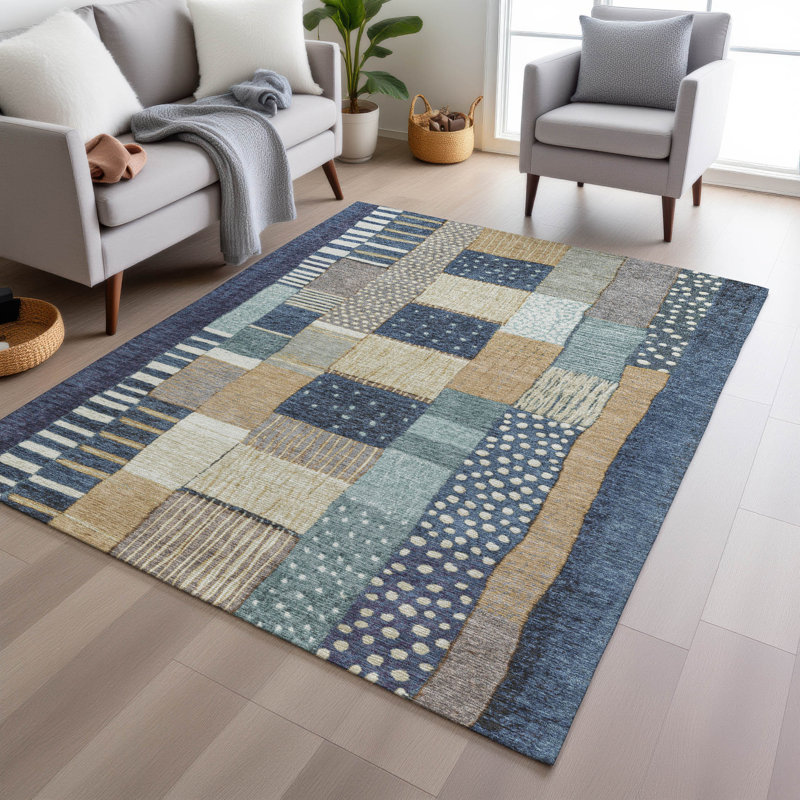 Machine Washable Indoor/Outdoor Xhevrie Navy Rug, Rectangle 10' x 14'