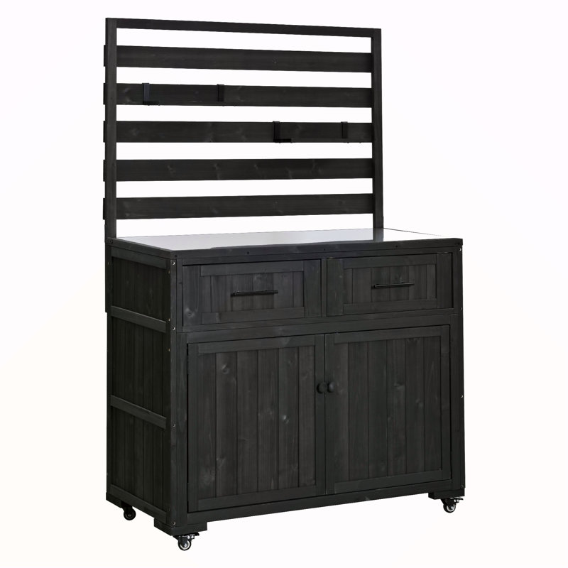 64.9'' H Large Patio Kitchen Island Solid Wood Kitchen Cart, Grill Prep BBQ Table, Garden Potting Bench With Stainless Table Top, 3 Movable Shelves And 2 Drawers