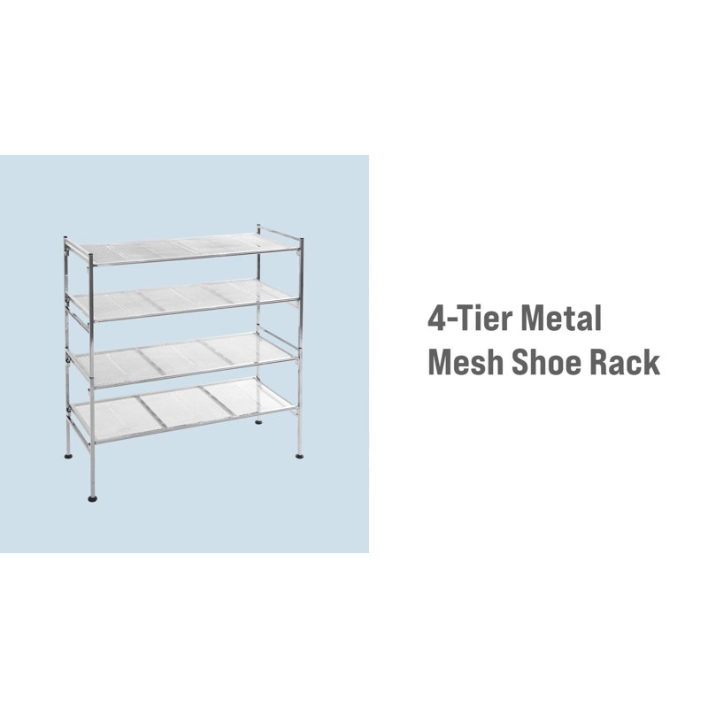 Silver 4-Tier Stackable Metal Mesh Shoe Rack