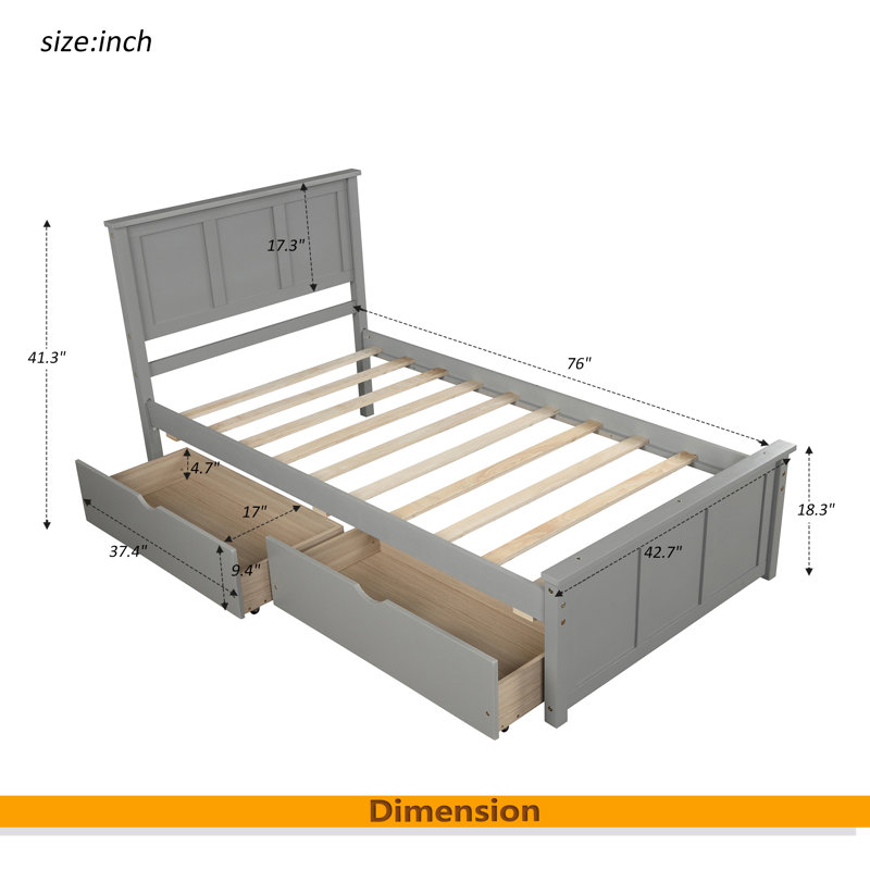 Lit plateforme avec rangement, 2 tiroirs avec roulettes, Gris