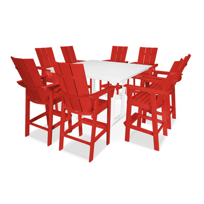 POLYWOOD Modern Curveback Adirondack 9-Piece Farmhouse Trestle Bar Set