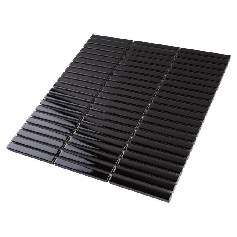 Porcetile 11.2 in. x 11.91 in. Stacked Porcelain Mosaic Wall and Floor Tile, Glossy Black