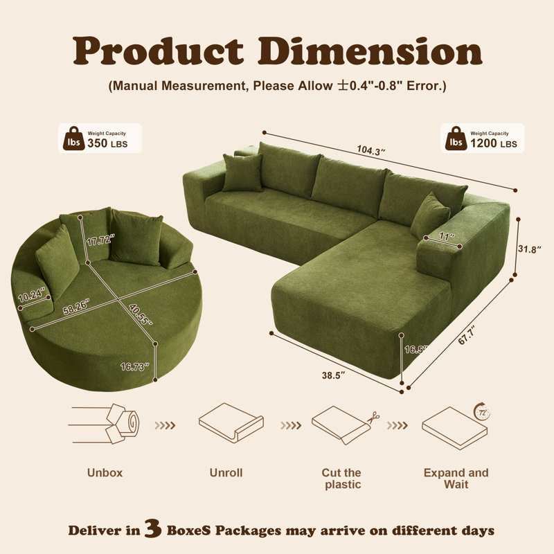 3-Piece No-Assembly Living Room Set, Modern Sectional Sofa With Loveseat And Chaise Lounge, Right Hand Facing, Green Teddy