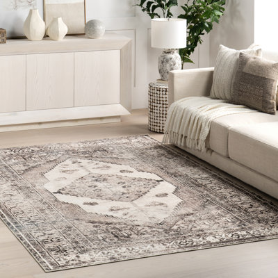 Tapis lavable en machine Teo Medallion pour le salon, la chambre et la cuisine, gris clair / ivoire
