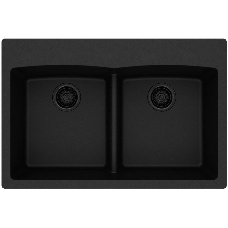Évier de cuisine encastré à double cuve 33 po x 22 po x 10 po Quartz Classic, Noir