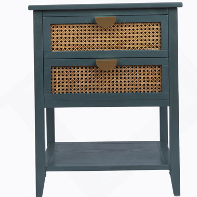 Two Drawer Side Table Crafted With Natural Rattan, Ideal End Table For Bedroom, Living Room And Study Use