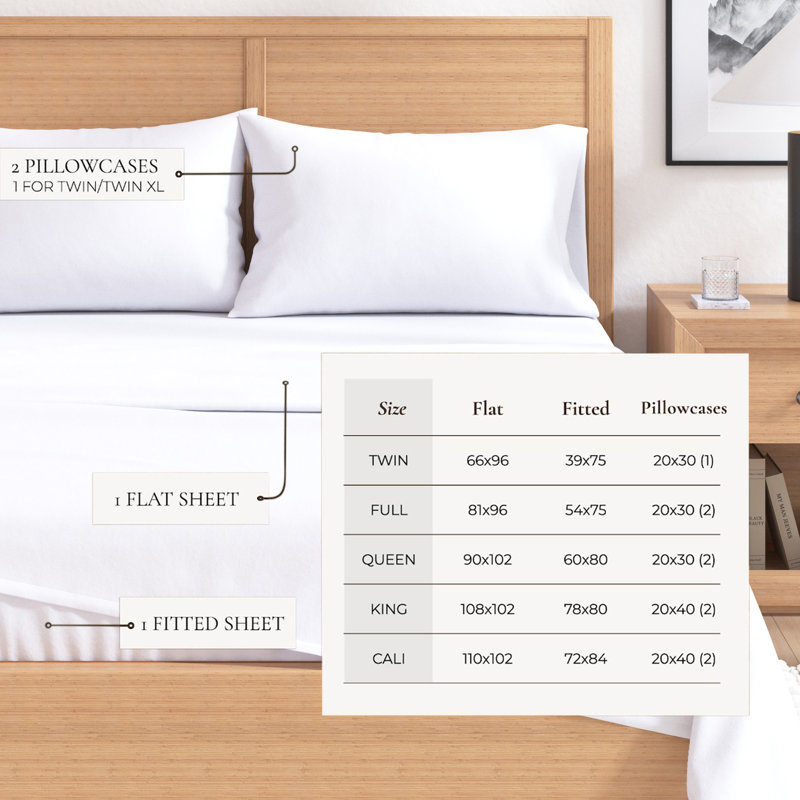 Ensemble de draps 100% coton Nordic, Blanc hivernal, Simple avec 1 taie d'oreiller