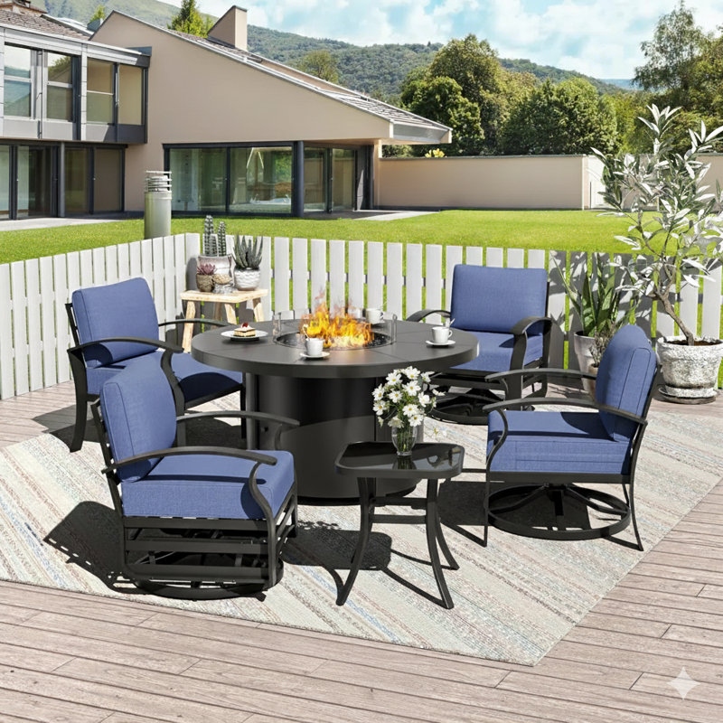 Outdoor Patio Aluminum 5-Piece Conversation Set Swivel&Glider Armchair With Round LP Fire Pit Table, Navy