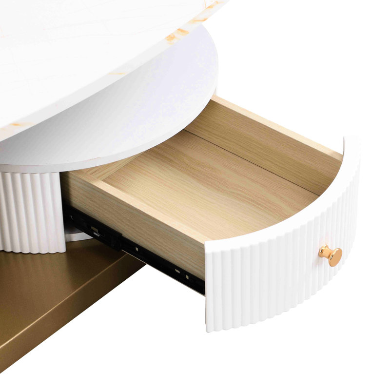 Ensemble de 2 tables basses dorées pour salon - Tables ovales et rondes modernes avec structure métallique robuste et tiroir en plastique imitation marbre. Montage facile et certifié.