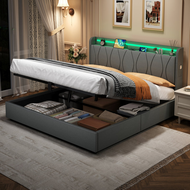 Upholstered Bed Frame With Hydraulic Storage, Grey, Kingsize (5')