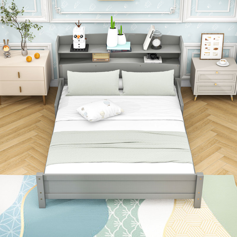 Wooden Platform Bed with Integrated LED Motion Sensor Light, Flexible Bed Guardrails and Shelf, Grey, Full