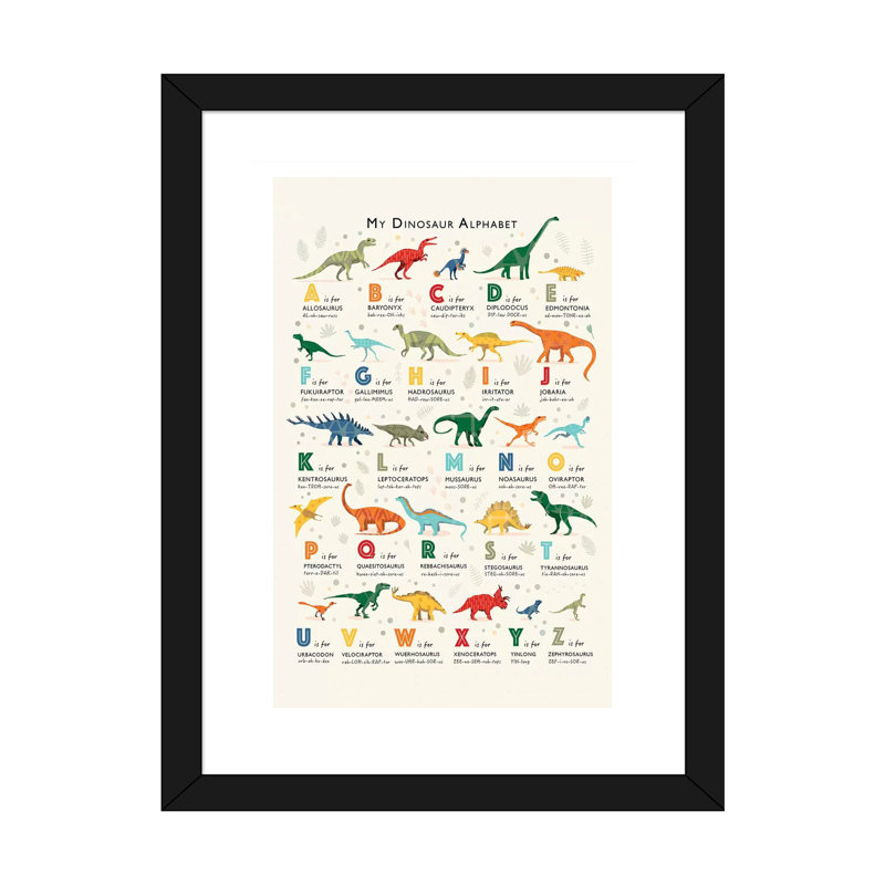 Dinosaur Alphabet - impression d'art graphique, H 24 po x l 16 po x P 1 po, Blanc, Papier encadré noir