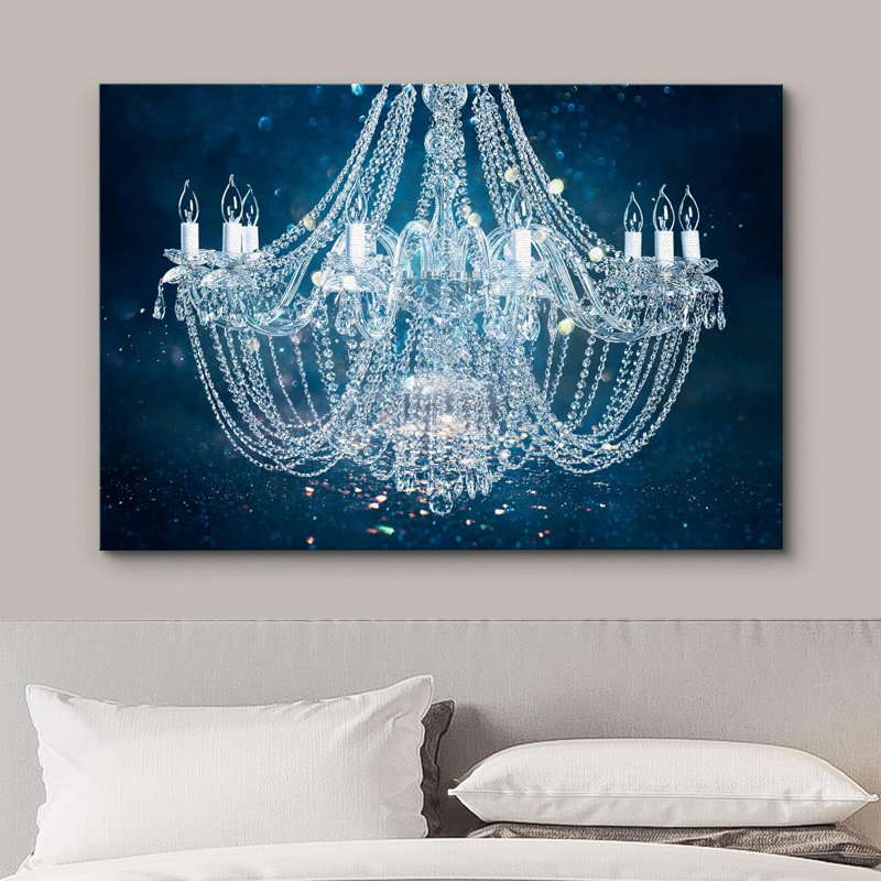 «Blue Glitter», lustre en cristal blanc fantaisie, lumières, art mural contemporain élégant sur toile, Toile tendue