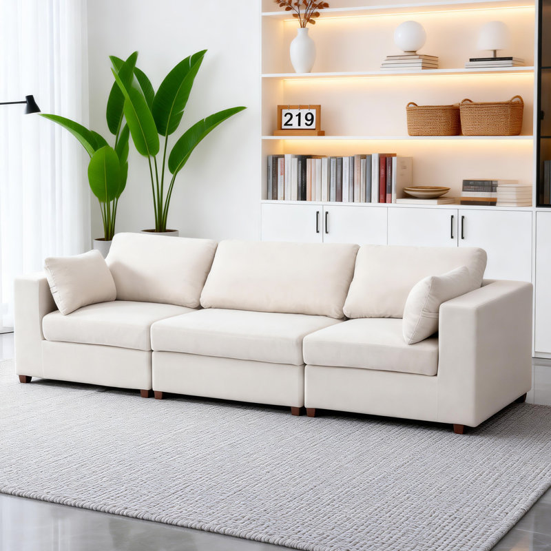 Canapé modulaire rembourré 3 pièces 3 pièces, Chenille beige, H 26 po x l 113,3 po x P 37,8 po