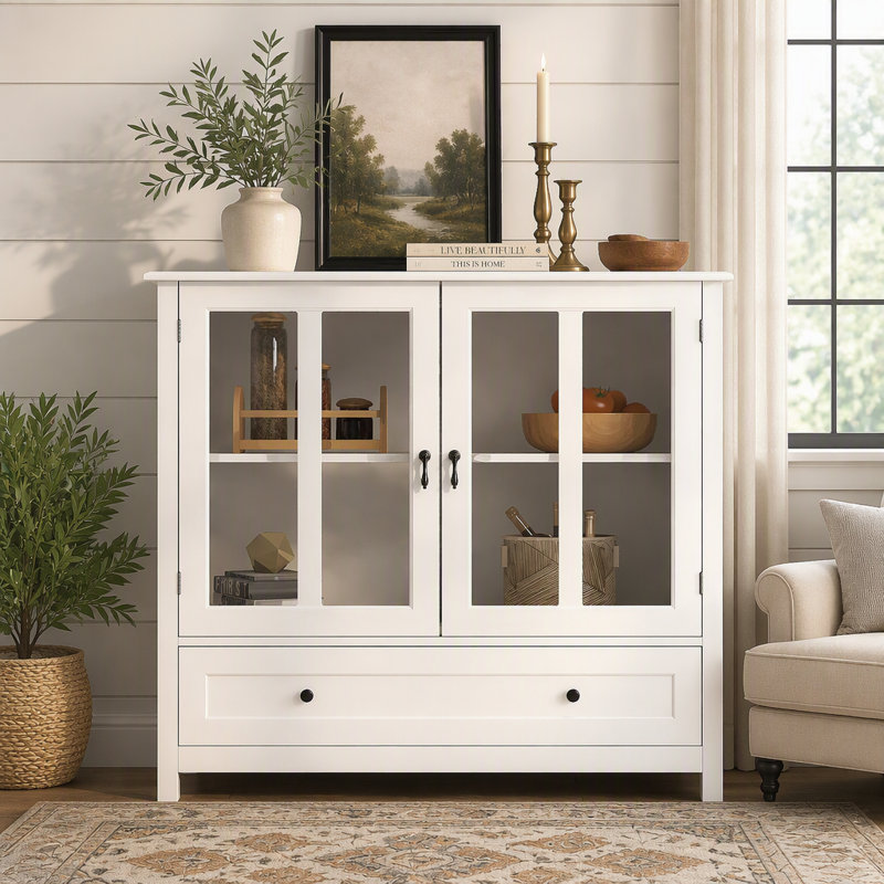 Stylish Buffet Storage Cabinet with Clear Double Glass Doors & Unique Bell Handles - Ideal for Kitchen, Dining Room