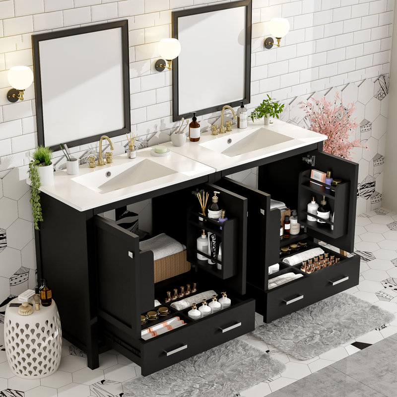 Ensemble de meuble-lavabo 60 po avec lavabos doubles (séparés), lavabos doubles en céramique, tablette de rangement et tiroirs divisés (miroir non inclus)