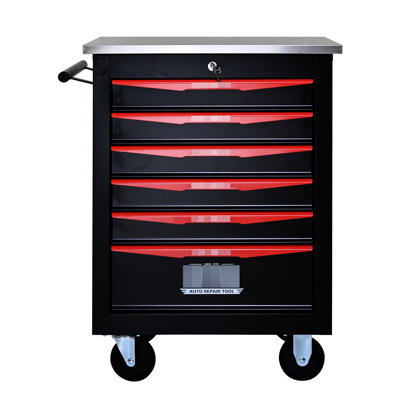 Chariot à outils multifonctionnel à 6 tiroirs avec roues - noir et rouge pour le garage, l'atelier, le chariot d'entreposage et les ateliers de réparation durables