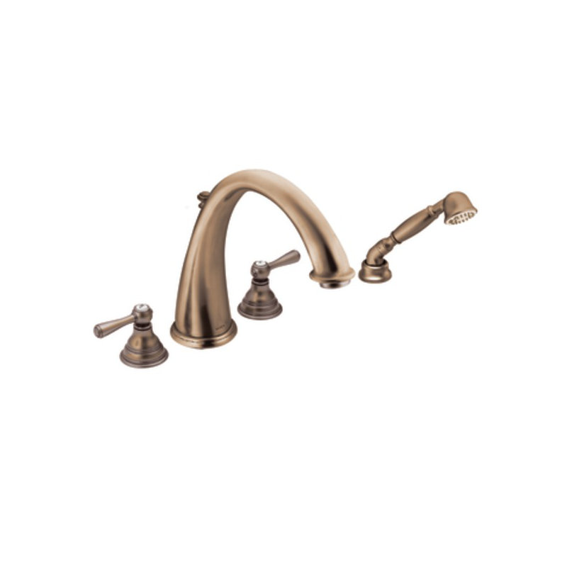 Garniture de robinet de baignoire romaine à fixation sur plateau à deux poignées avec douchette Kingsley, Bronze antique