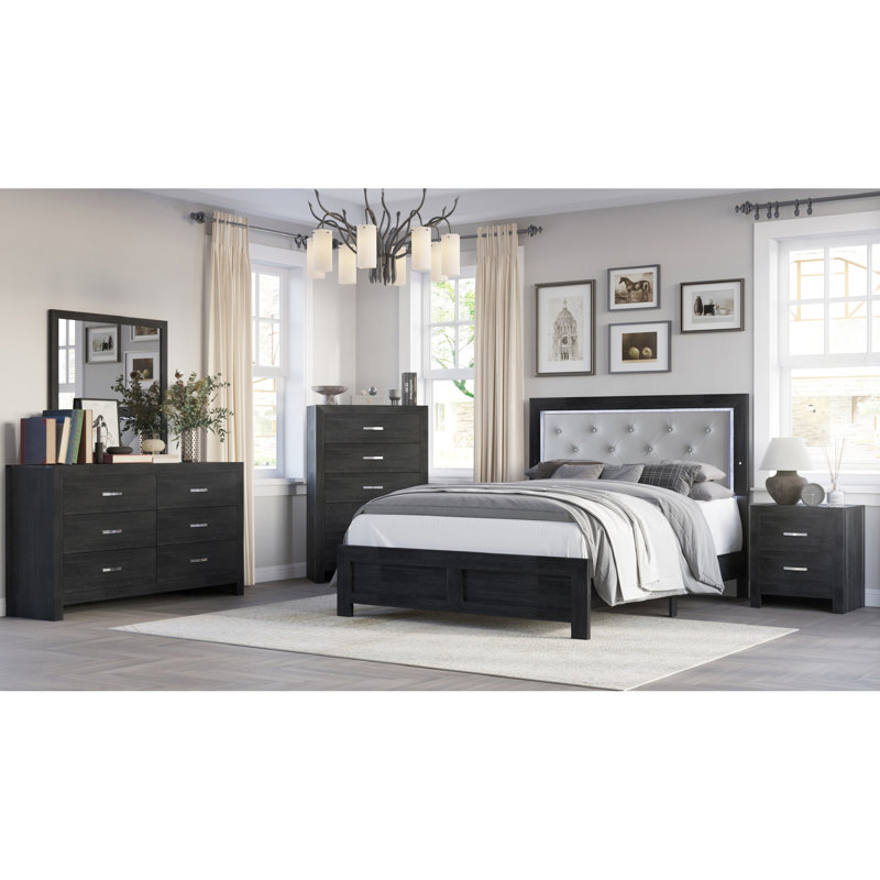 Lit pour très grand lit avec tête de lit à DEL, similicuir noir, revêtement gris, bouton, lit à panneaux de style moderne en bois massif, éclairage de la tête de lit, cuir noir,