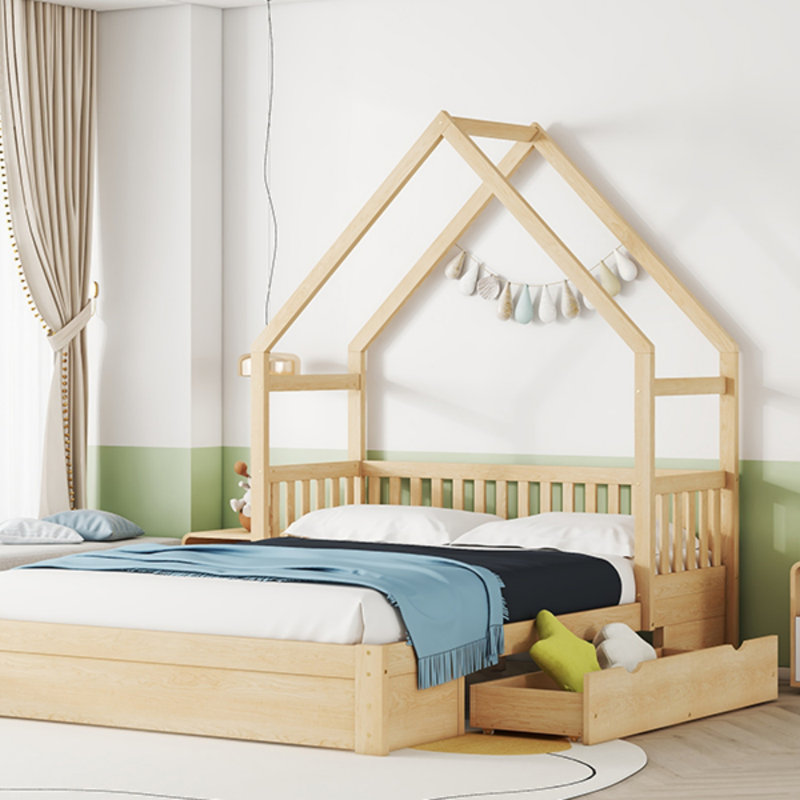 Grand lit plateforme en bois avec garde-corps et 2 tiroirs, Naturel