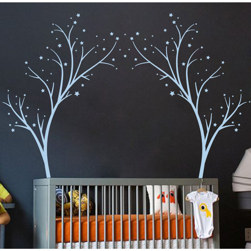 Décalcomanie murale arbres étoiles, H 80 po x l 99 po x P 0,01 po, Bleu poudré