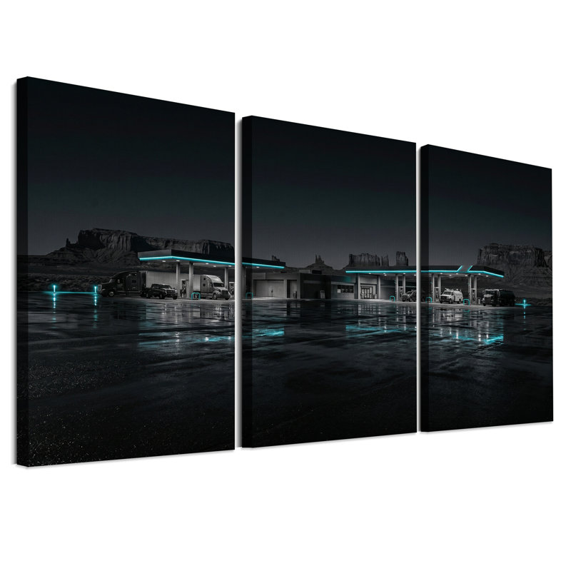 Ensemble de 3 toiles murales représentant une station-service du désert avec des néons turquoise