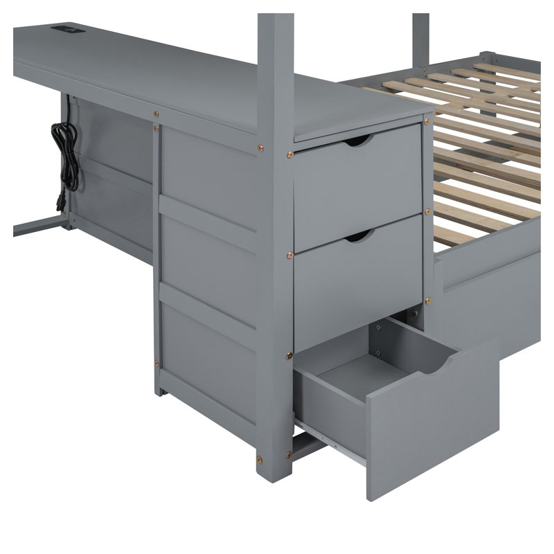 Lit superposé double au-dessus de double gris avec lit gigogne simple, bureau intégré et tiroirs de rangement - Lit mezzanine en bois massif pour enfants