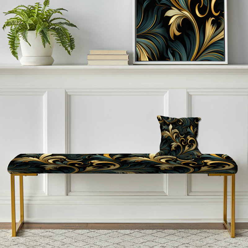 Gold And Blue Luxury Damask Symphony IV - Damask Upholstered Gold Bench