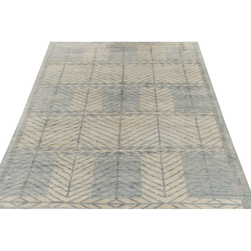 Scandinavian Hand Knotted Silk Geometric Area Rug, Rectangle 6' x 9'