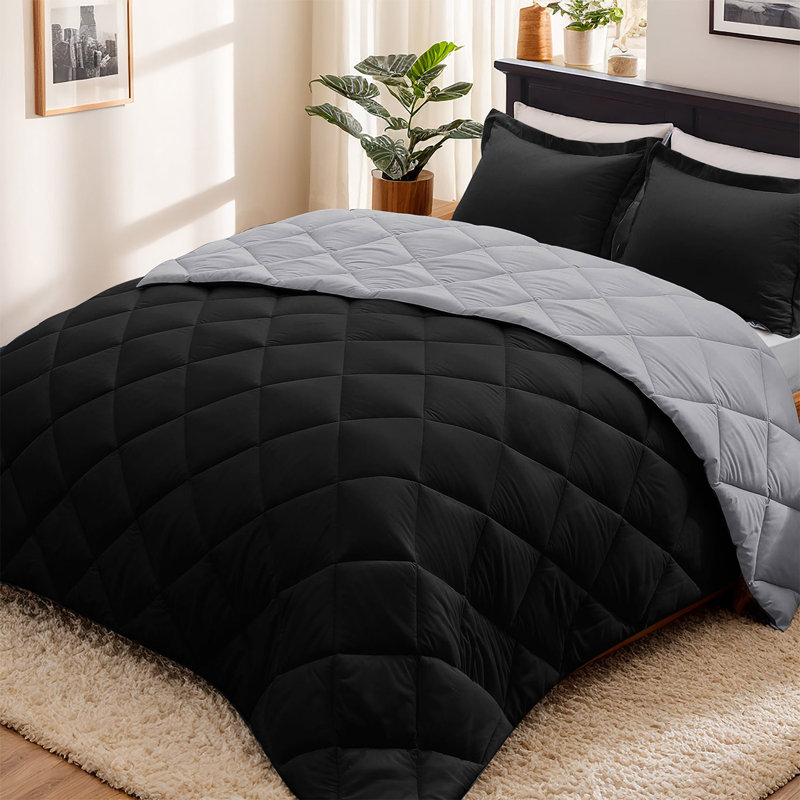 Ensemble d'édredon réversible en duvet synthétique toutes saisons 3 pièces avec deux taies décoratives - Insert de couette matelassé avec languettes d'angle - Couverture à surpiqûres en losange - Respirant, doux et moelleux