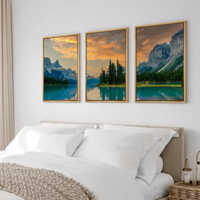 Yellow Sunset Cloud Mountain Lake Forest Nature Landscape Photo 3 Piece Frame Canvas Print Wall Art