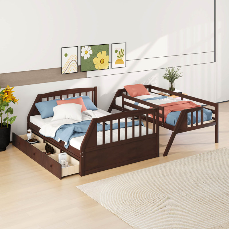 Lit superposé simple au-dessus de double avec tiroirs, échelle et escalier de rangement, cadre de lit en bois, aucun sommier nécessaire