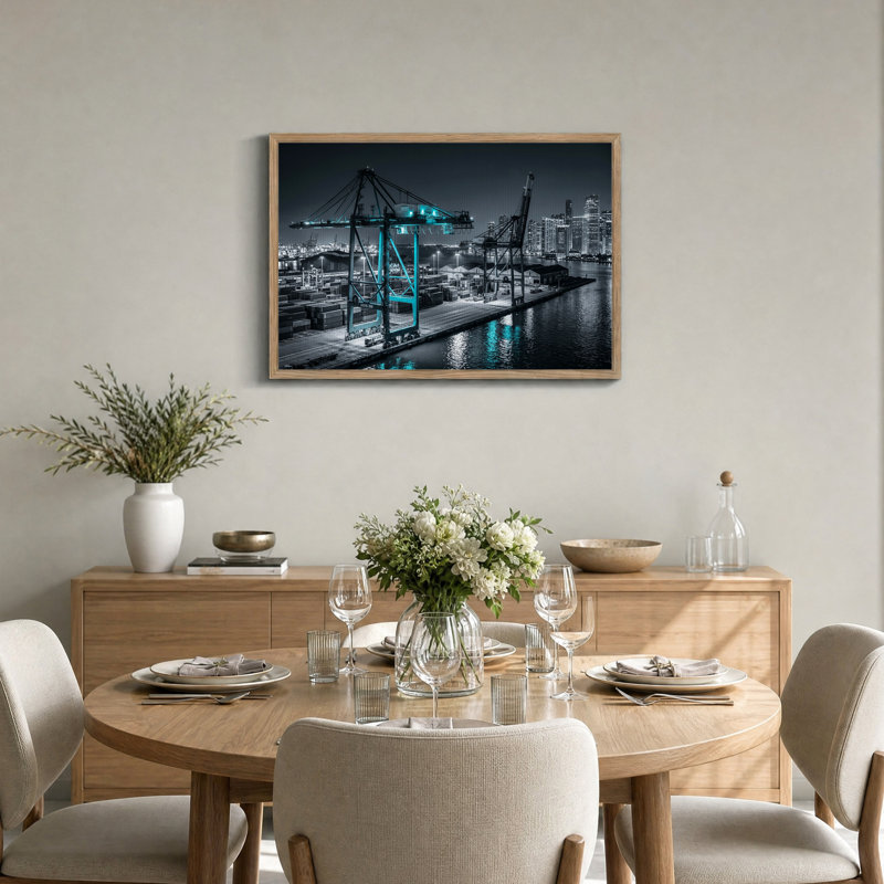 Grues industrielles avec lumières cyan la nuit, tableau sur toile, H 32 po x l 48 po